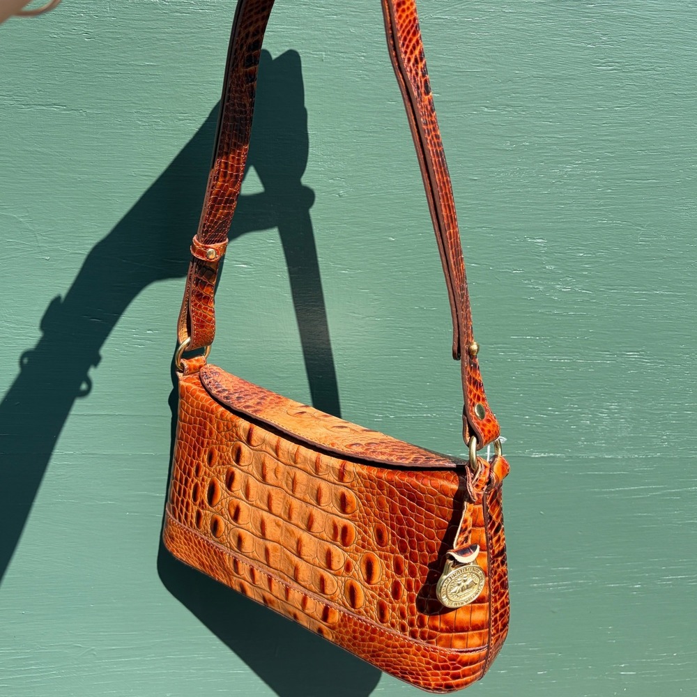 Brahmin Pecan Croc Embossed Leather Shoulder Bag Brown Y2K Vintage Preppy USA - Picture 2 of 10